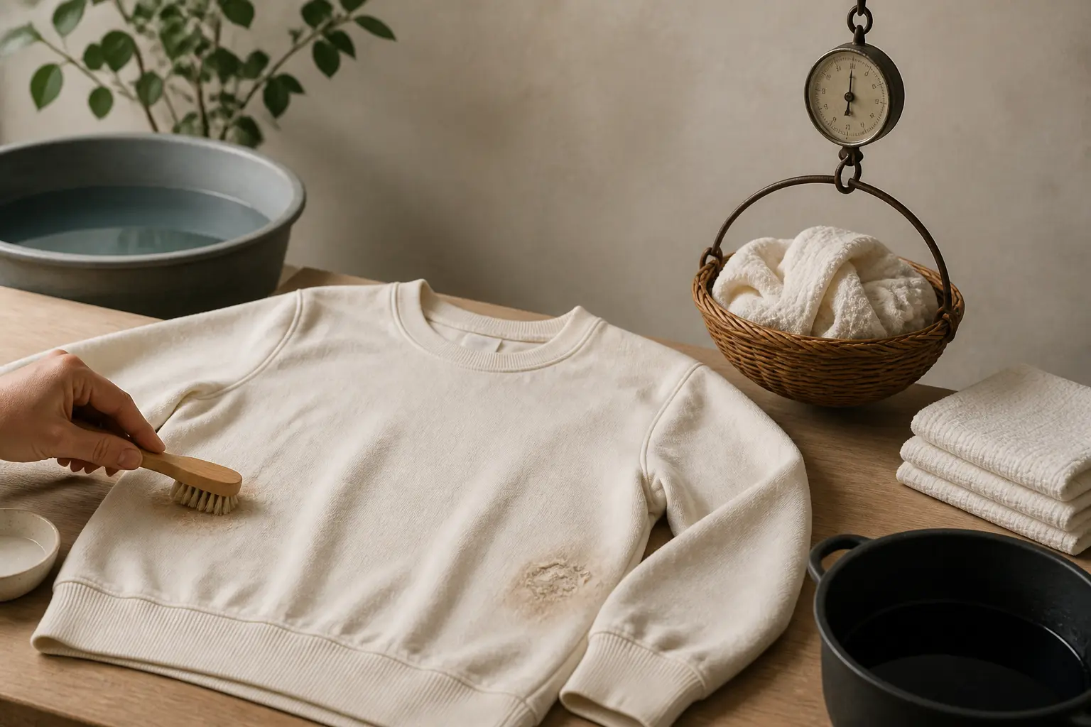 Préparer un vêtement à teindre en noir : tache traitée, zone usée, textile pesé avant bain.